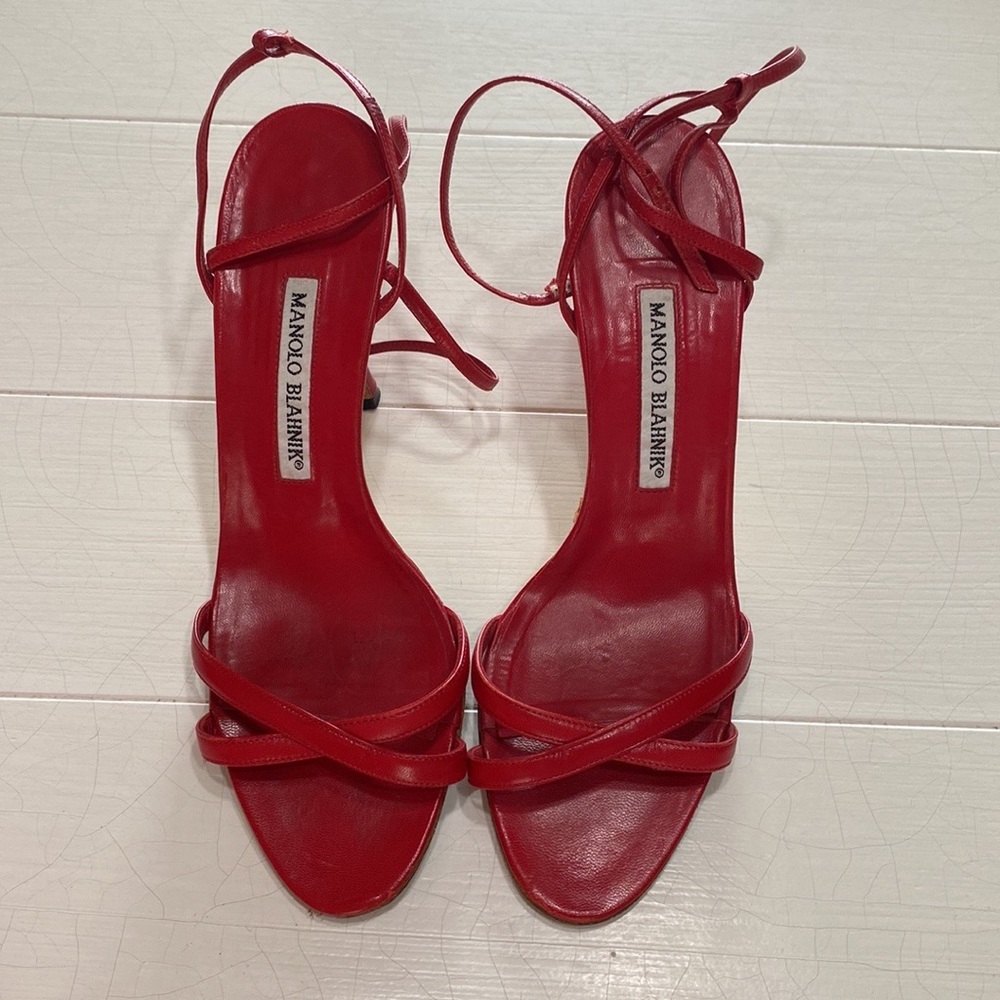 Manolo Blahnik 37 1/2 Red Strap Dress Heels